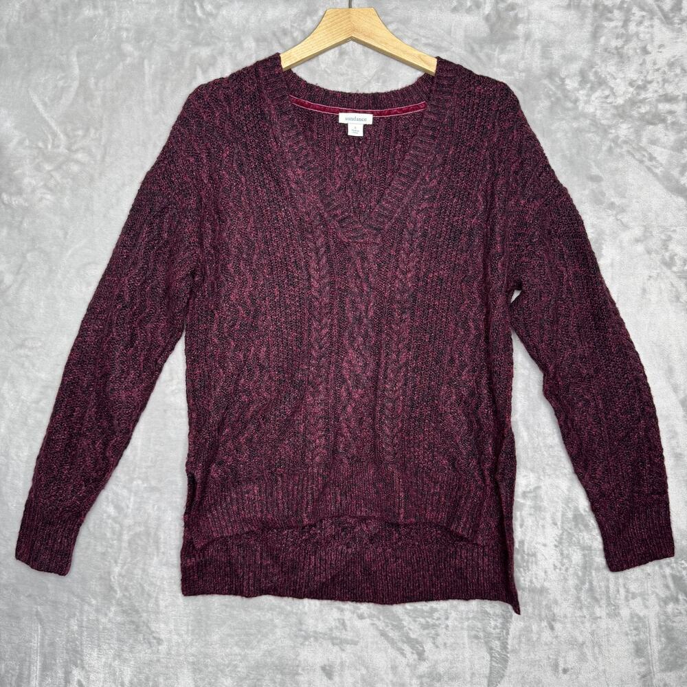 Sundance Sweater Womens Small Burgundy V Neck Cable Knit Pullover Marled Boho